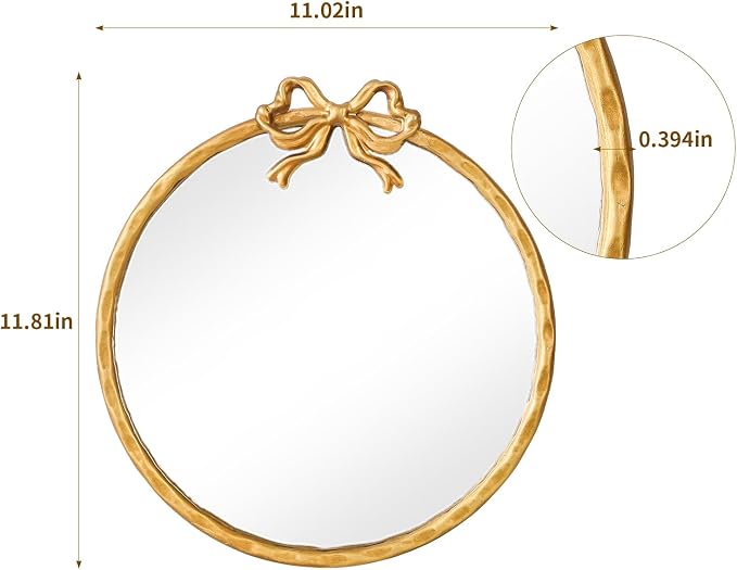 12 Inch Round Gold Mirror, Vintage Gold Mirror, Round Mirrors for Wall Decor, Antique Ornate Metal Circle Mirror with Baroque Bow for Bathroom Vanity Bedroom, Spring Women's Gift