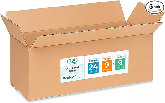 Long Moving & Shipping Boxes 24 x 9 x 9 inches (5-Pack) - Extra Strength 200 lb vs Regular - Corrugated Packing Boxes for Delivery - Cardboard Box - Corrugated Shipping Box by IDL Packaging