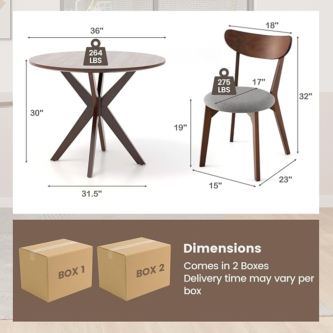 ERGOMASTER 3-Piece Dining Table Set for 2, 36" Kitchen Round Table with 2 Chairs, Rubber Wood Legs, Brown
