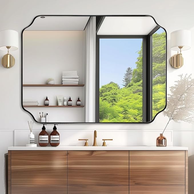 ANDY STAR 36x48 Inch Large Mirror, Matte Black Rectangle Mirror for Wall, Bathroom Mirror in Premium Stainless Steel Metal Thin Frame Deep 1’’, Unique Rounded Scalloped Edge, Vertically/Horizontally