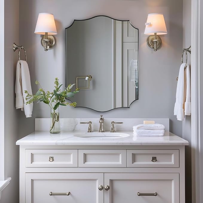 ANDY STAR Chrome Bathroom Mirror, 22x30 Inch Polished Nickel Vanity Mirror, Modern Scalloped Mirror for Bathroom with Anti-Rust Stainless Steel Frame, Hangs Vertical or Horizontal