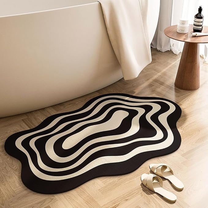 Black and White Bathroom Mat, Non-Slip Irregular Shaped Bathtub Mat, Machine Washable Diatom Mud Quick Dry Shower Carpet for Home Bathroom 23.6"x35.4"