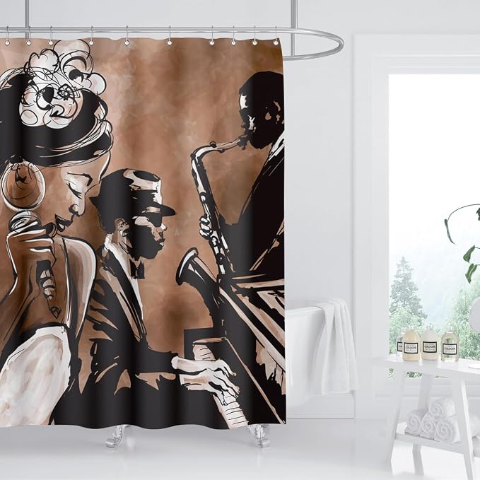American Woman Jazz Shower Curtain African Black Girl Singing Jazzist Afrocentric Black Art Grunge Style Waterproof Fabric Bathroom Decor 72x72 Inch Brown Plastic Hooks 12