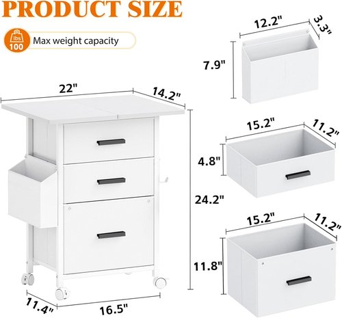 Mexin 3 Drawer File Cabinet - Mobile Printer Stand with 24'' Extended Desktop | White Fabric Drawers