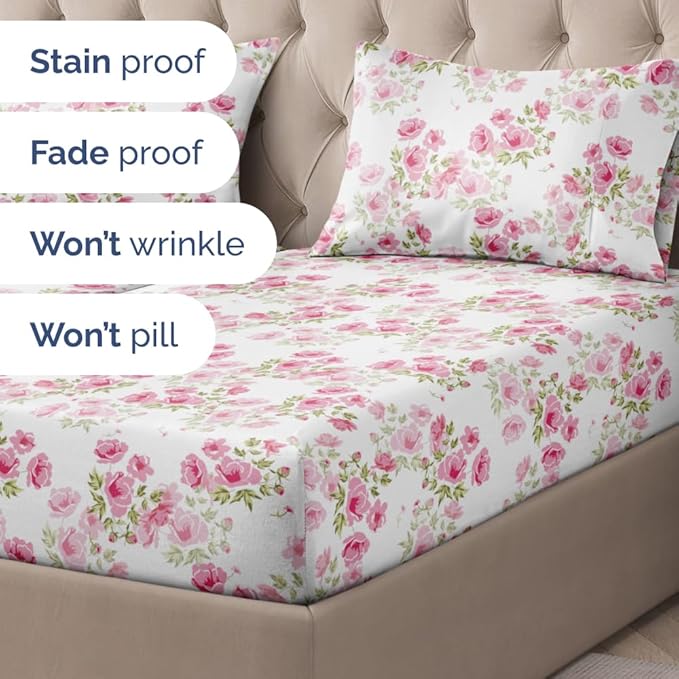 Floral Sheets - Pink Floral Bed Sheet Set - 1 Flat, 2 Fitted & 2 Pillowcases w/ Deep Pockets - Wrinkle & Fade Free - Boho Botanical Bedding - Ultra-Soft, Breathable and Cooling - Split King Size Set