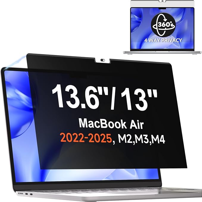 Magnetic 360° Privacy Screen for MacBook Air 13.6 & 13 Inch 2022-2025 (M2, M3, M4), Removable Anti Glare Blue Light Filter, 4 Way Anti Spy Black Protector for Mac Air 13In Laptop Computer