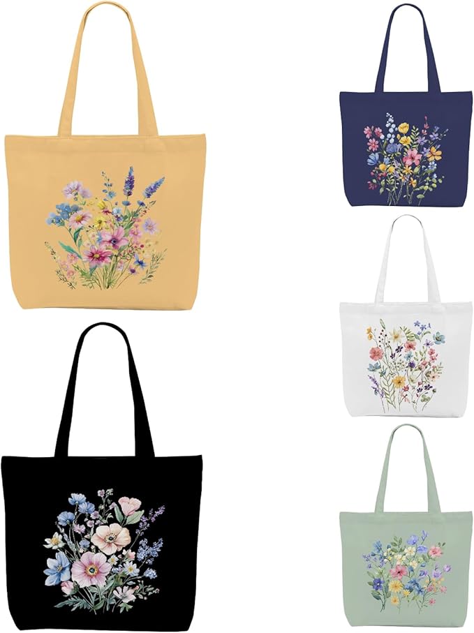 Decohim Multiple Packs Floral Japanese Print Canvas Tote Bag Reusable Grocery Bags Gifts for Women Girls Birthday Christmas