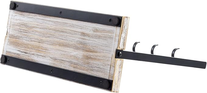 MyGift Black Metal Entryway Key Holder with 5 Hooks and Shabby Whitewashed Wood Base, Tabletop Necklace and Jewelry Organizer Rack with Ring Tray