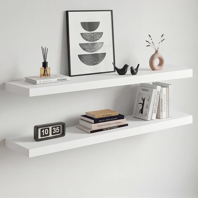 Homeforia White Floating Shelves 36 inch, High End Solid Real Wood 36inch Floating Shelf for Wall Mounted, White Wooden 36in Long Floating Shelves, Heavy Duty Bracket, 36 X 6.5 X 1.75 inches, Set of 2