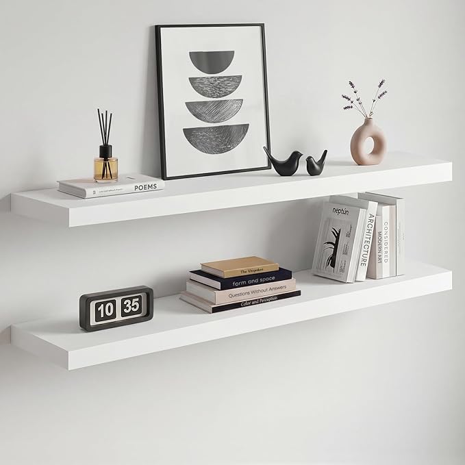 Homeforia White Floating Shelves 36 inch, High End Solid Real Wood 36inch Floating Shelf for Wall Mounted, White Wooden 36in Long Floating Shelves, Heavy Duty Bracket, 36 X 6.5 X 1.75 inches, Set of 4