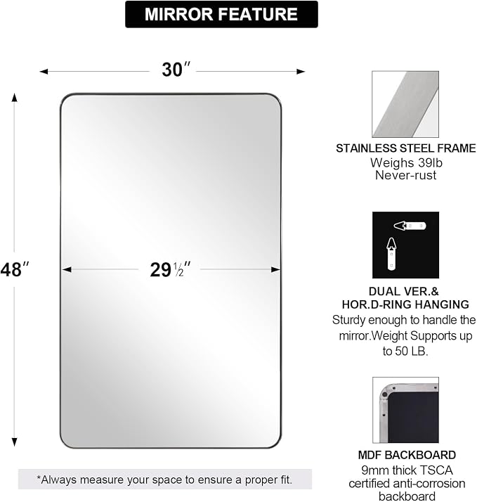 ANDY STAR 30"x48" Brushed Nickel Bathroom Mirror, Large Wall Mirror for Bathroom, Rounded Rectangle Mirror in Premium Stainless Steel Metal Frame Hangs Horizontal Or Vertical