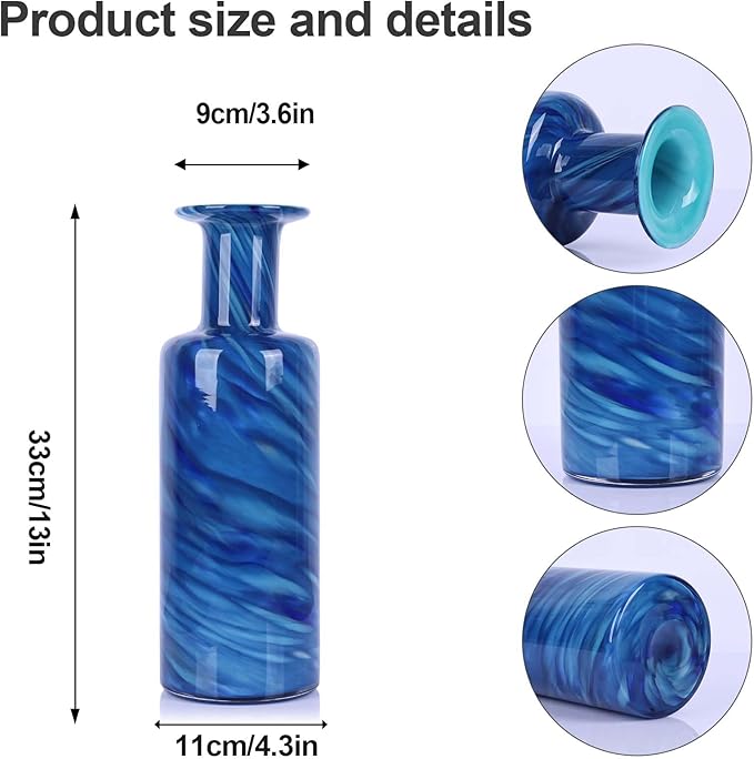 Hand Blown Glass Vase Cobalt Blue Swirl – Murano Style Art Glass Vase with Wide Mouth for Flowers, Unique Bubble Vase, Coastal Blue Glass Decor for Dining Table, Living Room, Entryway Accent (Blue)