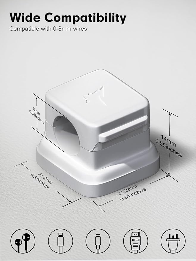8 Pack Cord Organizer Magnetic Cable Clips Adhesive Cable Management Phone Wire Holder Keeper Organizer for Home Office Desk Car Nightstand, White