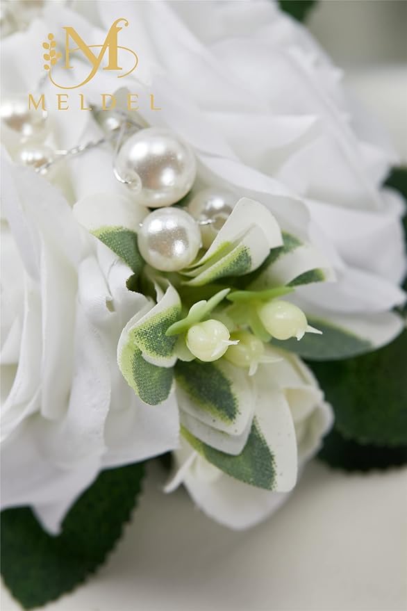 Meldel Prom Wrist Corsage and Boutonniere Set for Wedding, White Rose Boutonniere for Men Wedding, Wrist Flower for Bride Bridesmaid, Hand Flower for Wedding Ceremony Anniversary, Party, Homecoming