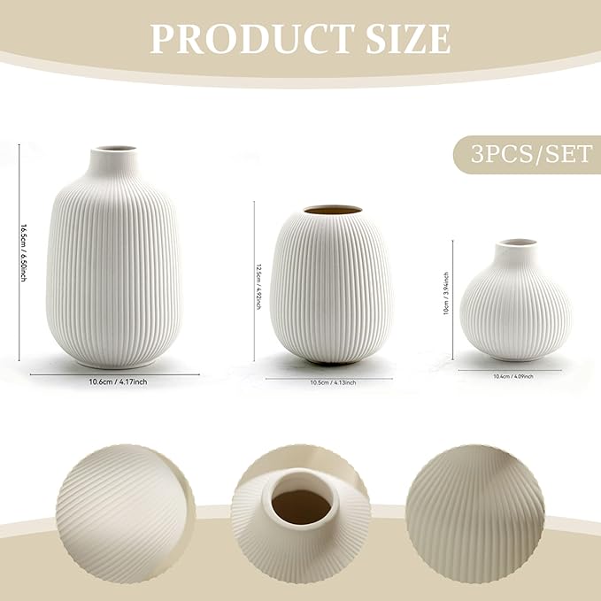 3Pcs Ceramic Vases, Ribbed Vase Set, Minimalist White Home Decor for Farmhouse, Coffee Table, Bookshelf Ceramic Vase