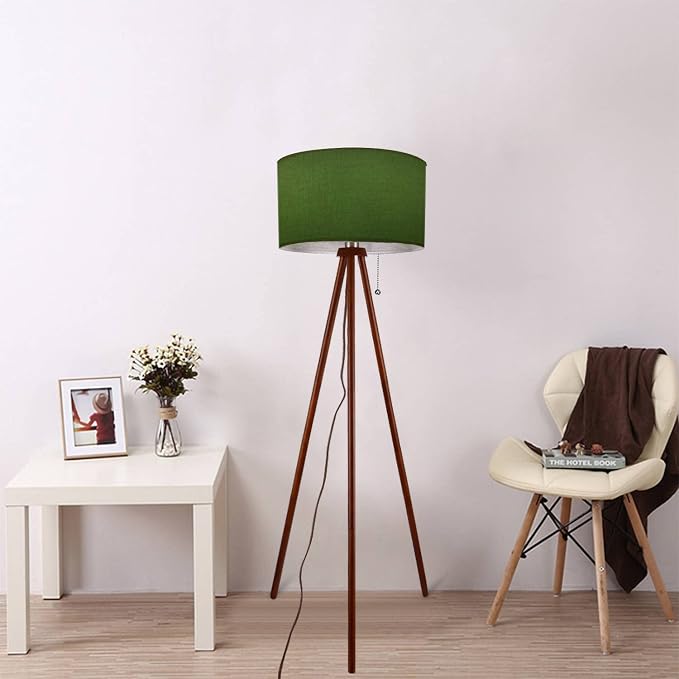 Wood Tripod Floor Lamp Olive Green Frosted Glass Modern Standing Lamp Linen Lampshade Dimmable Tall Lamp Mid Century Floor Lamp for Living Room Bedroom