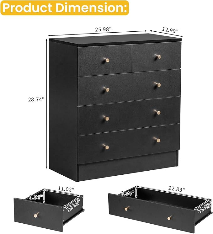 Karl home Black 5 Drawer Dresser for Bedroom, Modern Wood Dresser Chest of Drawers, Bedroom Dressers Clothes Organizer, Anti-Tipping Device, Rose Gold Metal Handle, Living Room, Entryway, Office