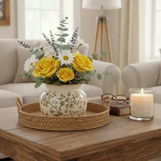 SIDUCAL Ceramic Green and Beige Vase with Wide Mouth Lace, 4.84 Inch Cracked Chinoiserie Rustic Farmhouse Vases, Pastoral Retro Vase for Home Decor, Table, Living Room, Bathroom, Shelf, Wedding