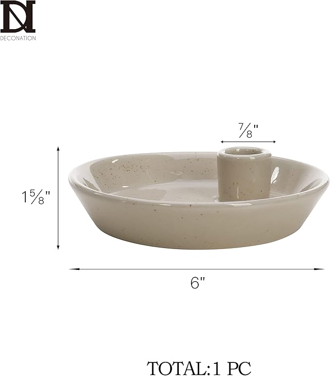 DN DECONATION Ceramic Candle Holder, Boho Candlestick Holder with Round Plate for Taper Candles, Unique Farmhouse Porcelain Candle Stick Holder for Meditation/Yoga Room Home Wedding Decor(Gray)