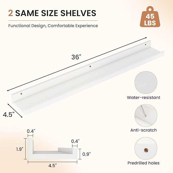 Dreamland Picture Ledge Shelf for Wall, Floating Shelves Set of 2, 36 Inch Long Floating Shelves with Lip for Living Room, Bedroom, Bathroom, Kitchen, White