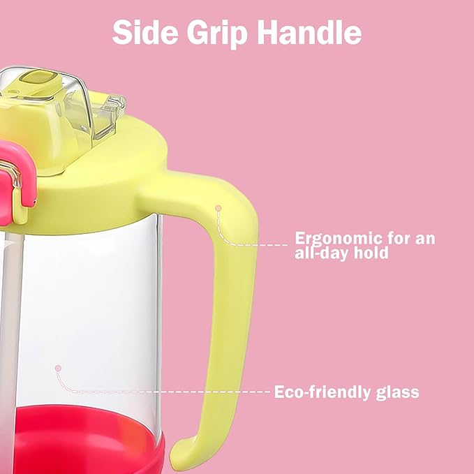 32oz Glass Water Bottle, 2-in-1 Straw and Sip Spout Lid, Leakproof Wide Mouth Tumbler with Handle, BPA-Free Reusable Bottle for Sports, Office, Outdoor, Bright Pink