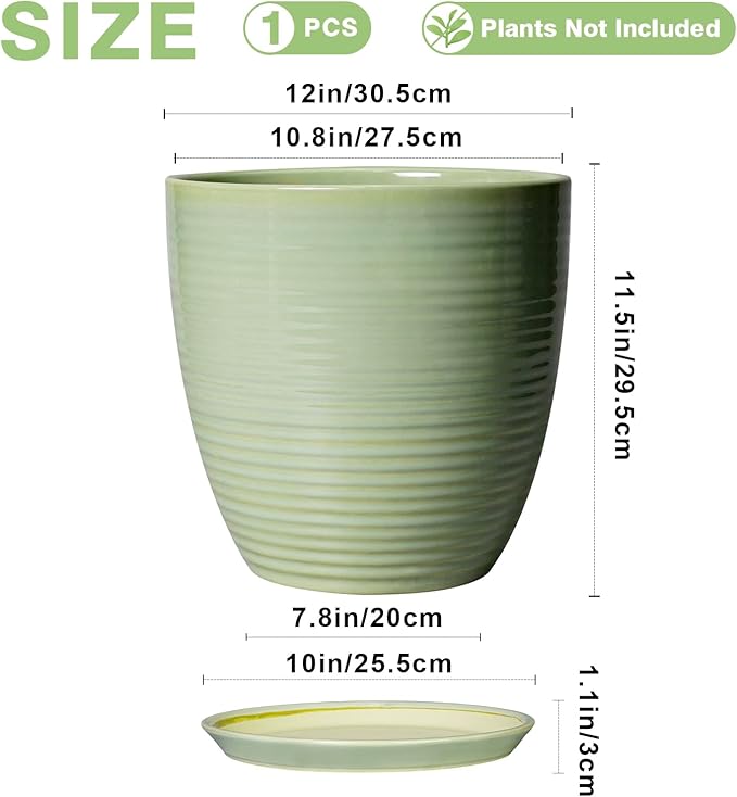 12 Inch Pots for Plants - Round Ceramic Planter with Drainage Hole and Plant Saucer for Flower Indoor Outdoor, Modern Room Office Home Garden Decor, House Warming Gifts, Green