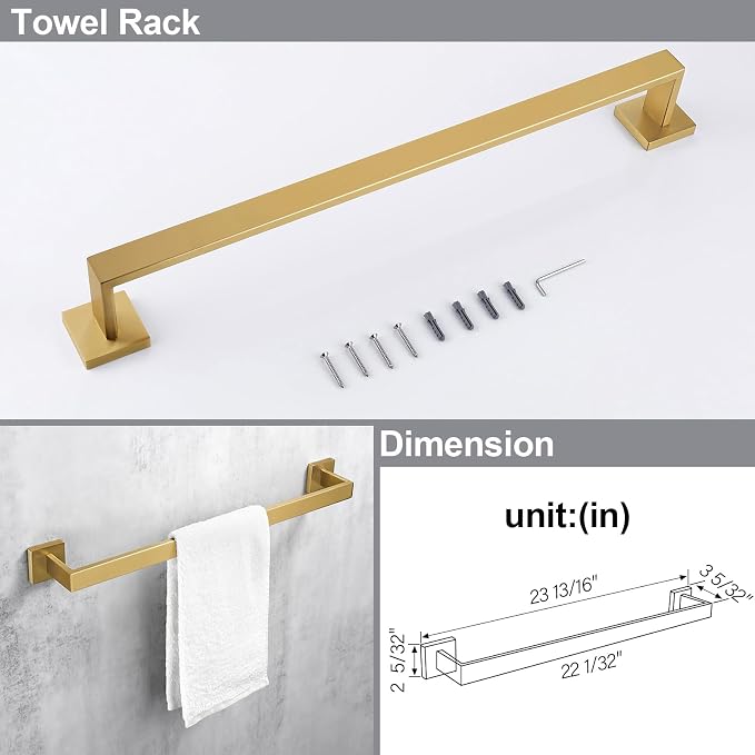 Bagnolux 22 Inch Gold Bathroom Accessories, Gold Towel Rack for Bathroom Wall Mounted Towel Bar, Heavy Duty Modern Brushed Brass Towel Holder Wall Single Towel Rod (Total Length 23.6-Inch)