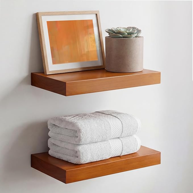 Homeforia 12 inch Oak Floating Shelf, High End Solid Real Wood 12inch Small Floating Shelves for Wall Mounted, Honey Oak Wooden 12in Floating Shelves, Heavy Duty Bracket, 12 X 6.5 X 1.75 in, Set of 2