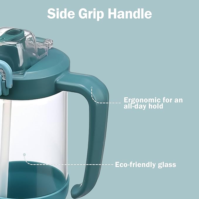32oz Glass Water Bottle, 2-in-1 Straw and Sip Spout Lid, Leakproof Wide Mouth Tumbler with Handle, BPA-Free Reusable Bottle for Sports, Office, Outdoor, Peacock Blue