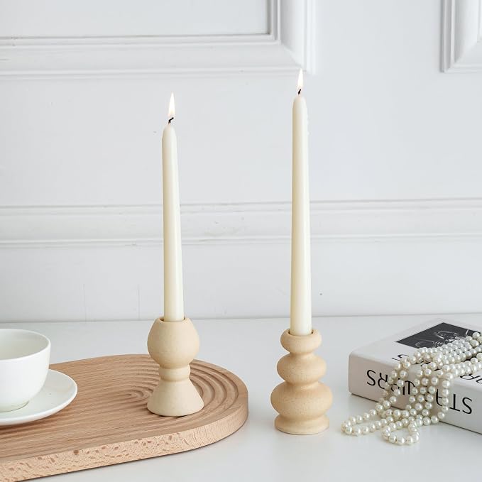 Taper Ceramic Candle Holders, Set of 2 Matte Boho Decorative Candlestick Holders,Table Decor Centerpiece for Home Decor Dinning Wedding Party Aromatherapy Votive (Matte Ivory, Style A)