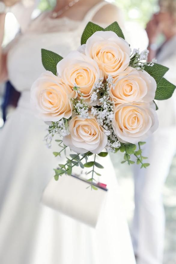 Artificial Rose Flower Artificial Flowers Flower with Long Stem Silk Roses Bouquet for Wedding Bridal Shower Party Home Decoration (Champagne, 30 Pcs)