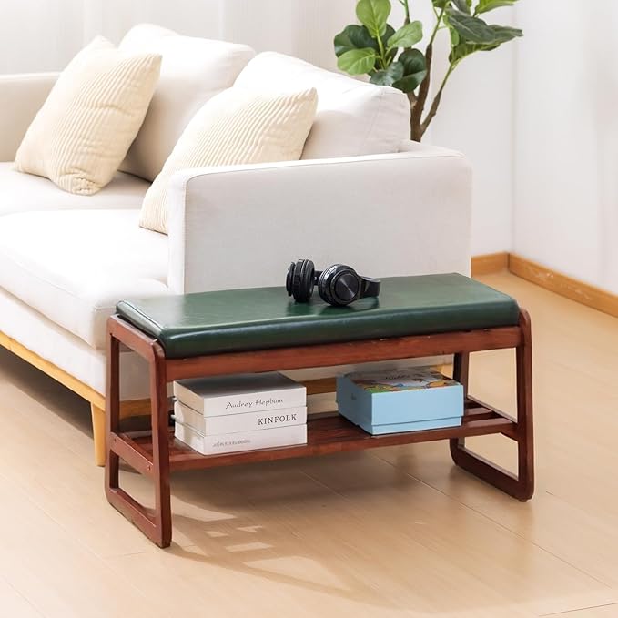 SOBIBO Solid Wood Shoe Bench, 2-Tier Wooden Entryway Bench, Modern Shoe Rack with Faux Leather Cushion for Hallway, Living Room (Green, 31.5'')