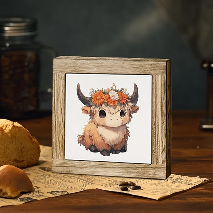 Cute Highland Cow Wooden Desktop Sign, Floral Crown Cow Wood Plaque Tabletop Decor, Rustic Farmhouse Animal Decor for Home Office Shelf