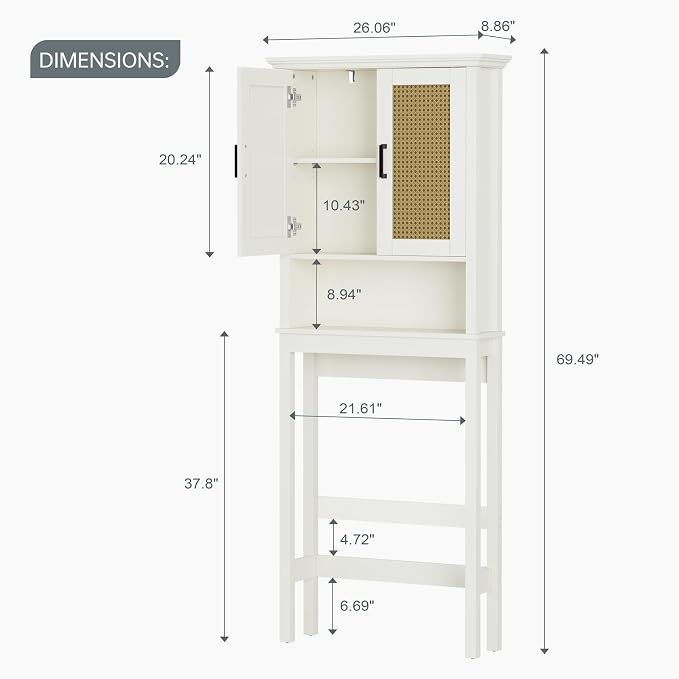 Over The Toilet Storage Cabinet, Over Toilet Storage Cabinet with Rattan Door and Anti-Tip, Above the Toilet Storage for Bathroom Behind the Toilet Bathroom Organizer, Rattan