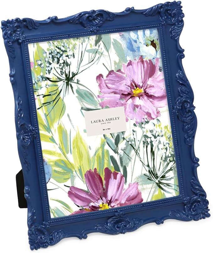Laura Ashley 8x10 Navy Ornate Textured Hand-Crafted Resin Picture Frame with Easel & Hook for Tabletop & Wall Display, Decorative Floral Design Home Décor, Photo Gallery, Art, More (8x10, Navy)
