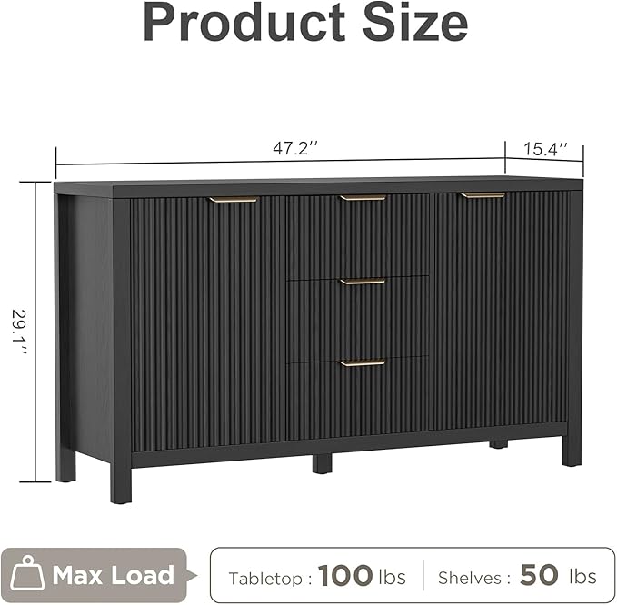 47.2" Fluted Sideboard Buffet Cabinet, Modern Black Credenza with 2 Drawers & 2 Doors, 3-Level Adjustable Shelves, Waterproof Top, Gold Handles, Kitchen Entryway Living Room Storage (Glossy Black)