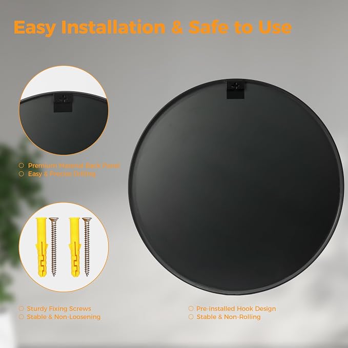 20 Inch Black Round Bathroom Wall Mirror, Round Mirrors for Wall Decor, Circle Mirror for with HD Shatter-Proof Glass for Entryway, Living Room, Bedroom, Dressing Room, Home Decor