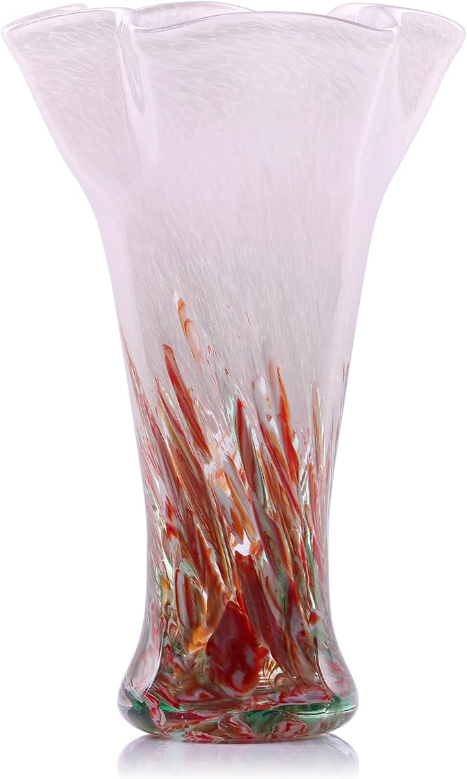 9.0" H Pink Glass Vases for Flowers, Hand Blow Glass Vase Pink Home Decor, Wide Mouth Red Flower Vase Centerpieces, for Bookshelf,Dinner Table,Indoor Office Desktop,Meeting Room,Bathroom,Countertop