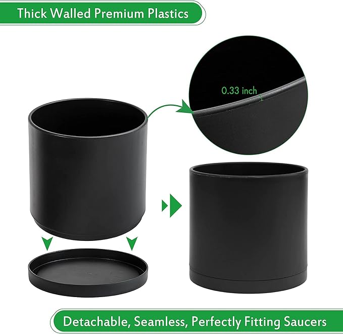 D'vine Dev 12 Inch Plastic Planter Pots for Plant Pot with Drainage Hole and Seamless Saucers, Black Color, 74-X-B-3