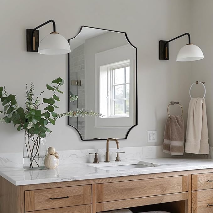 ANDY STAR 20"x30" Bathroom Mirror, Matte Black Vanity Mirror, Scalloped Rectangle Mirror in Premium Stainless Steel Frame, Scalloped Corners Design, Compact Size Ideal for Small Bathroom Remodel