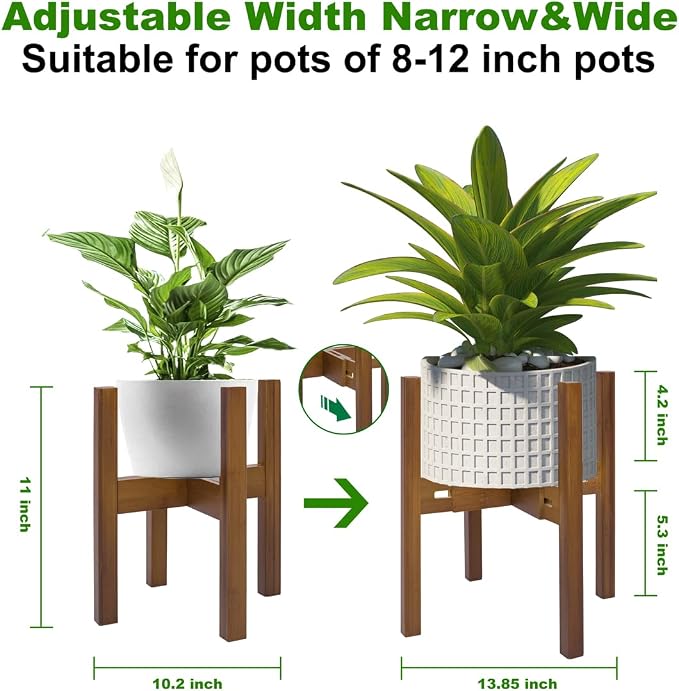 Rnined Adjustable Plant Stand Indoor,Bamboo Mid Century Modern Plants Stands, Stable Plant Holder,Fit 8 9 10 11 12 inch Pots (Pot & Plant Not Included)