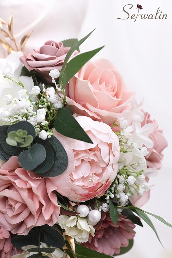 Serwalin 9.8 Inch Wedding Bouquets for Bride Bridesmaid, Dusty Pink Peonies Bridal Bouquets for Bride, Wedding Flowers Bouquet Tossing Bouquet, Wedding Ceremony and Anniversary Day Decor