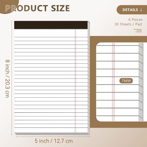 Nichela Legal Pads - 5" x 8" Narrow Ruled Notepads | 6-Pack with Perforated Sheets for Home, Office, School