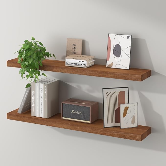 SAUMONIERES Floating Wall Shelves for Bedroom Bathroom Wall Mounted Solid Wood 36 Inches Long Shelf Set of 2, Walnut Floating Shelves
