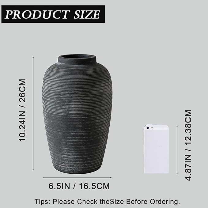 Large Ceramic Vase, 10.24 inch Minimalist Vase for Home Decor, Handmade Farmhouse Flower Vase for Table Centerpiece, Wedding, Living Room, Kitchen Decoration, Shelf Decor (Black)