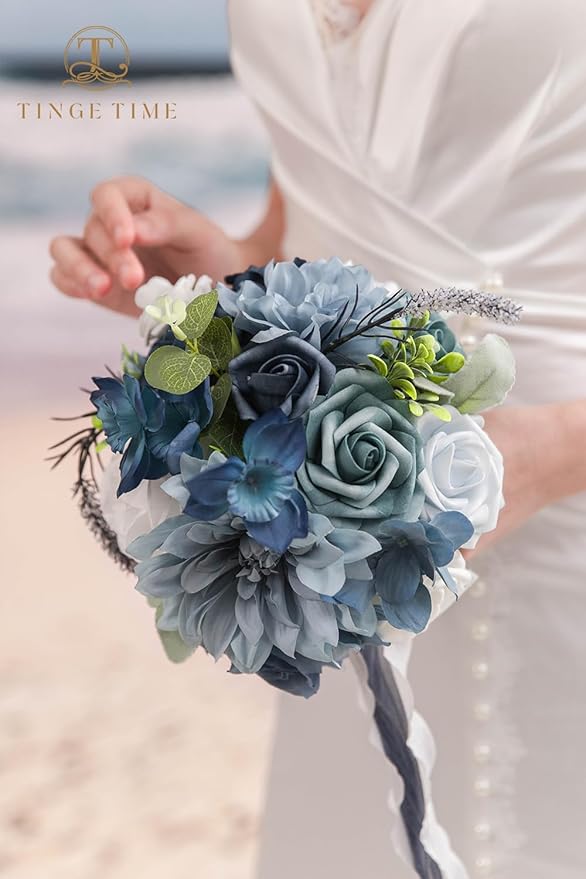 TINGE TIME 9 inch Bridal Bouquets for Bride, Artificial Silk Flowers Tossing Bouquet, Bride Bouquets for Wedding, Ceremony, Anniversary(Dustyblue)