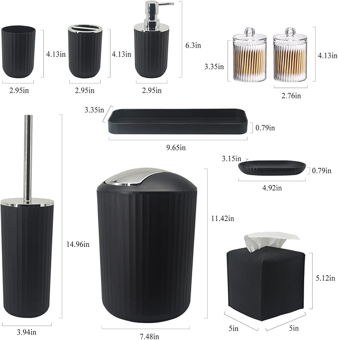 Bathroom Accessory Set - 10 Piece Black Bathroom Accessories Set with Trash Can, Toothbrush Holder and Cup, Soap Dispenser, Soap Dish, Toilet Brush Holder, Vanity Tray, Qtip Holder, Tissue Box Cover