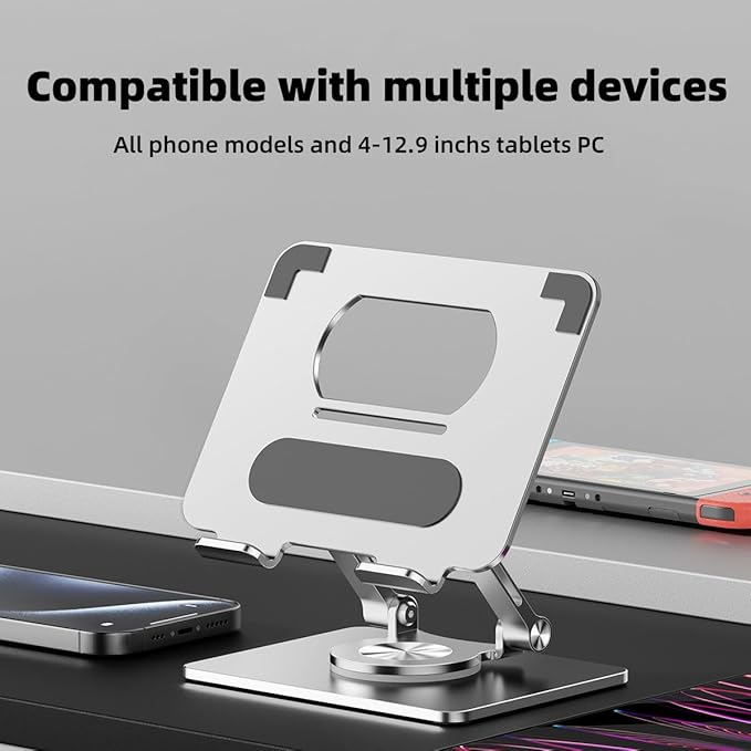 iPad Holder Stand, Tablet Holder with Thickened 360° Rotating Base Dual Rod Adjustable Aluminum Stand for All 4-12.9’’ iPad Surface Samsung Phone Tablet Kindle E-Reader and More, Silver