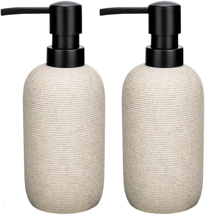 2pcs Hand Soap Dispenser Set - Sandstone Textured Resin Liquid Soap Dispenser for Bathroom & Kitchen Countertop, Matte Beige