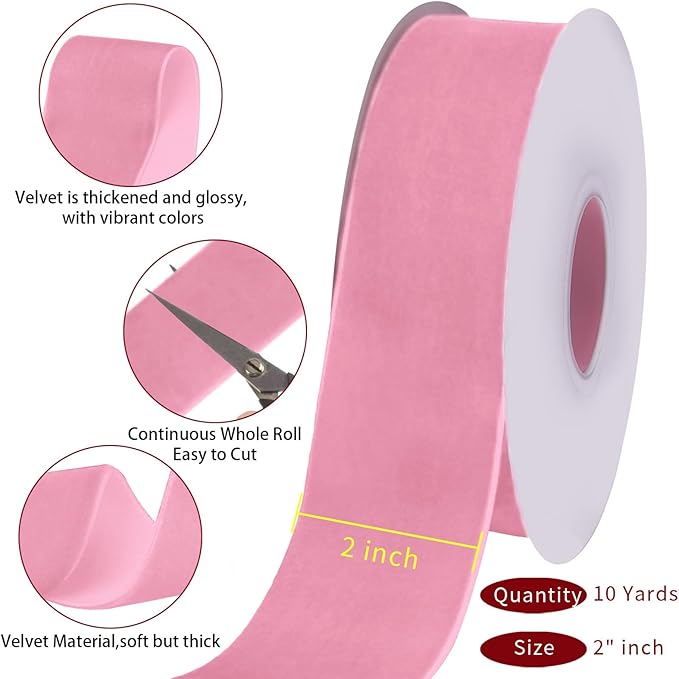 10 Yards Pink Velvet Ribbon 2 Inch for Christmas Tree,Light Pink Velvet Christmas Ribbon for Gift Wrapping Crafts Bow Wreath Holiday Decorations (Pink)